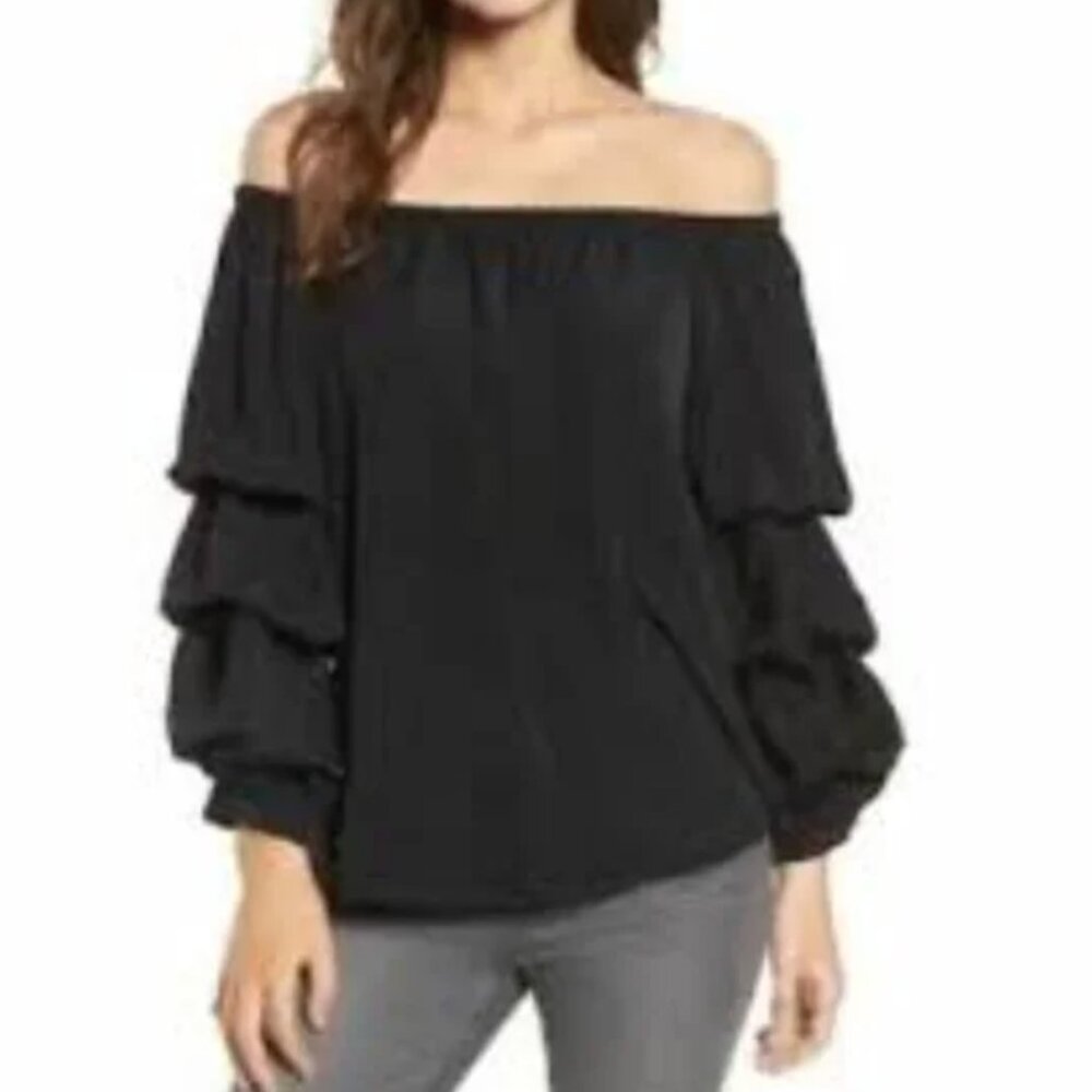 Chelsea28 black off shoulder ruffle sleeve top small
